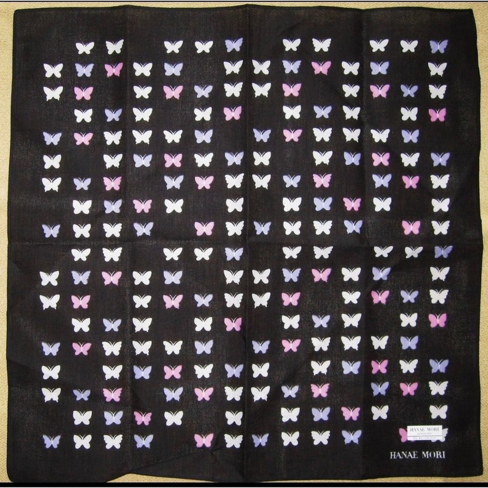Hanae Mori Butterfly Handkerchief Black Pink Purple Cotton Scarf Made in Japan m